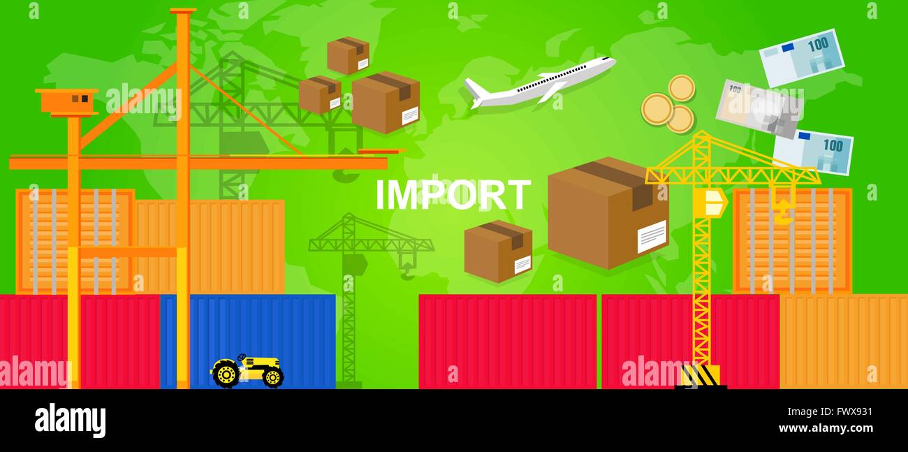 imports trading transportation logistic harbor containers plane and crane money package box world trade Stock Vector
