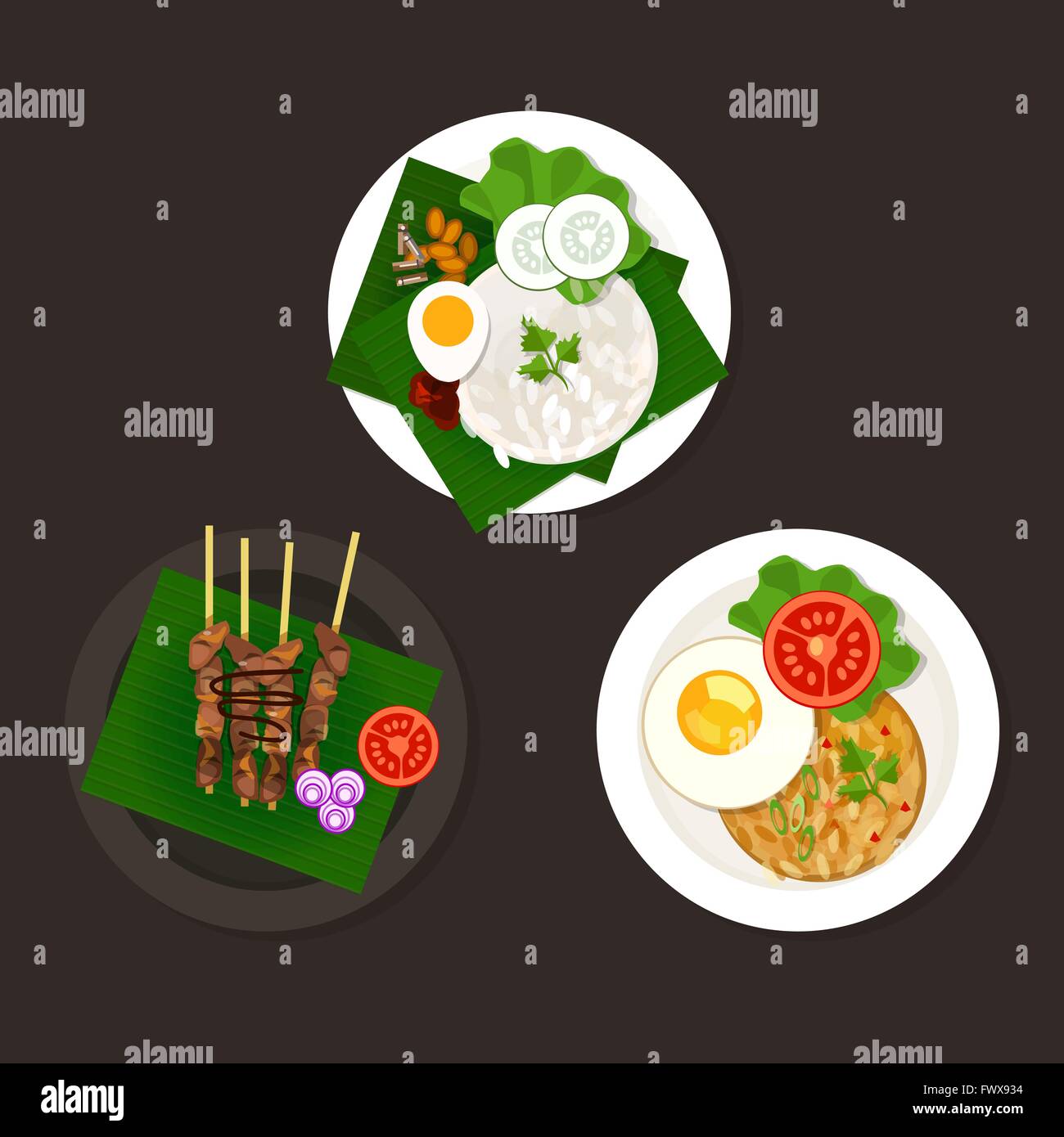 indonesian malaysian food nasi goreng lemak sate Stock Vector