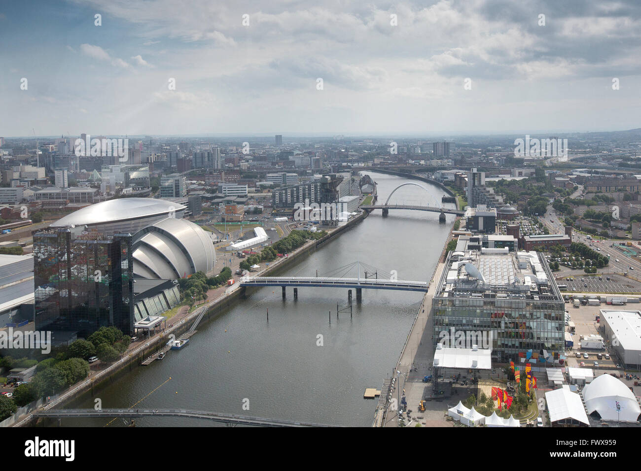 View from the Glasgow Tower of Glasgow and the River Clyde that runs through the city. Stock Photo
