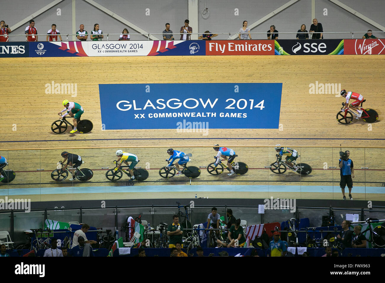 Cyclists competing at the velodrome at the Emirates Arena in Glasgow during the 2014 Commonwealth Games. Stock Photo