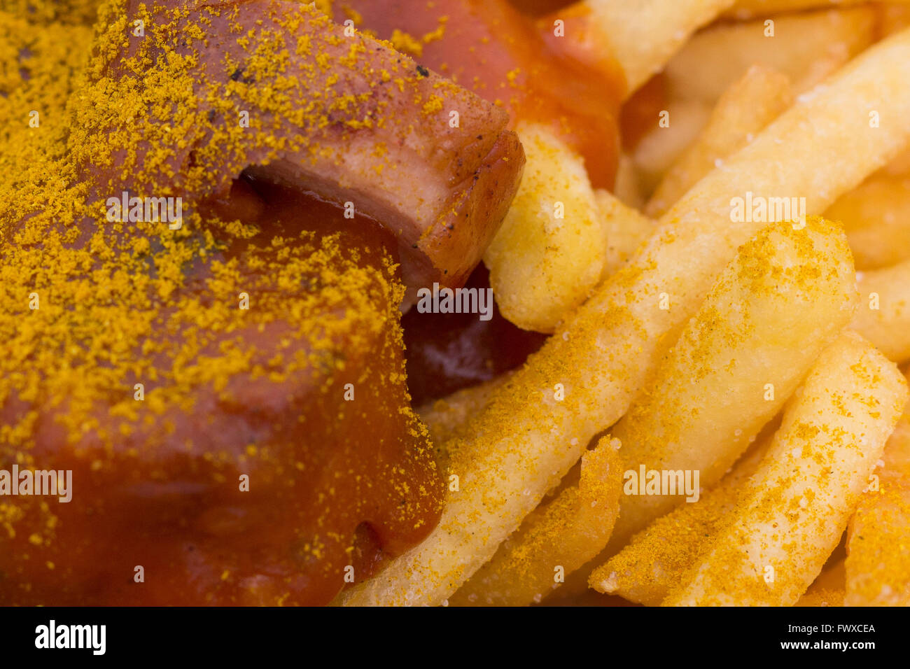 french fries and curry wurst macro, ketchup closeup Stock Photo