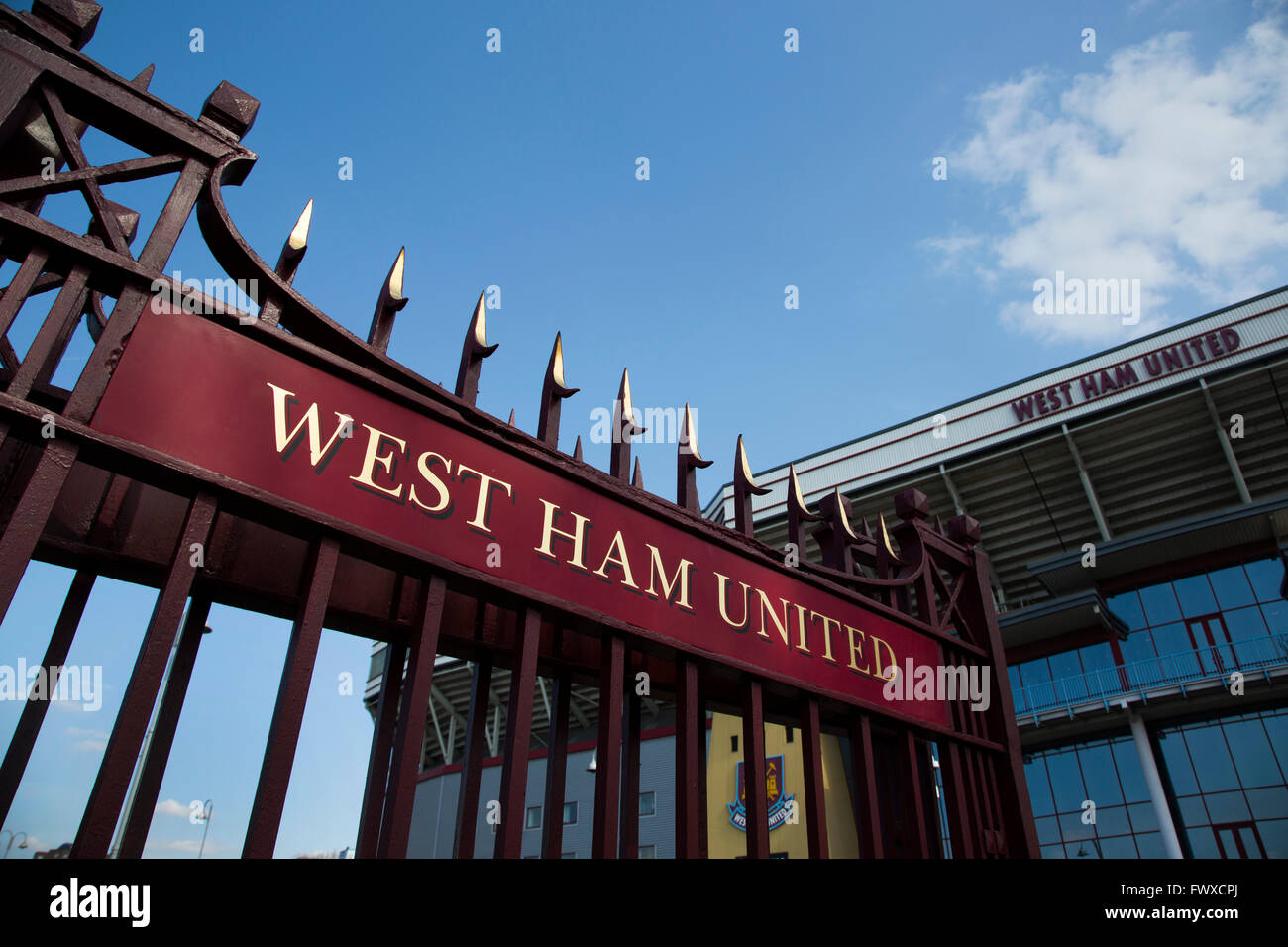 The John Lyall Gates at the entrance to the Boleyn Ground, pictured before West Ham United hosted Crystal Palace in a Barclays Premier League match. The Boleyn Ground at Upton Park was the club's home ground from 1904 until the end of the 2015-16 season when they moved into the Olympic Stadium, built for the 2012 London games, at nearby Stratford. The match ended in a 2-2 draw, watched by a near-capacity crowd of 34,857. Stock Photo