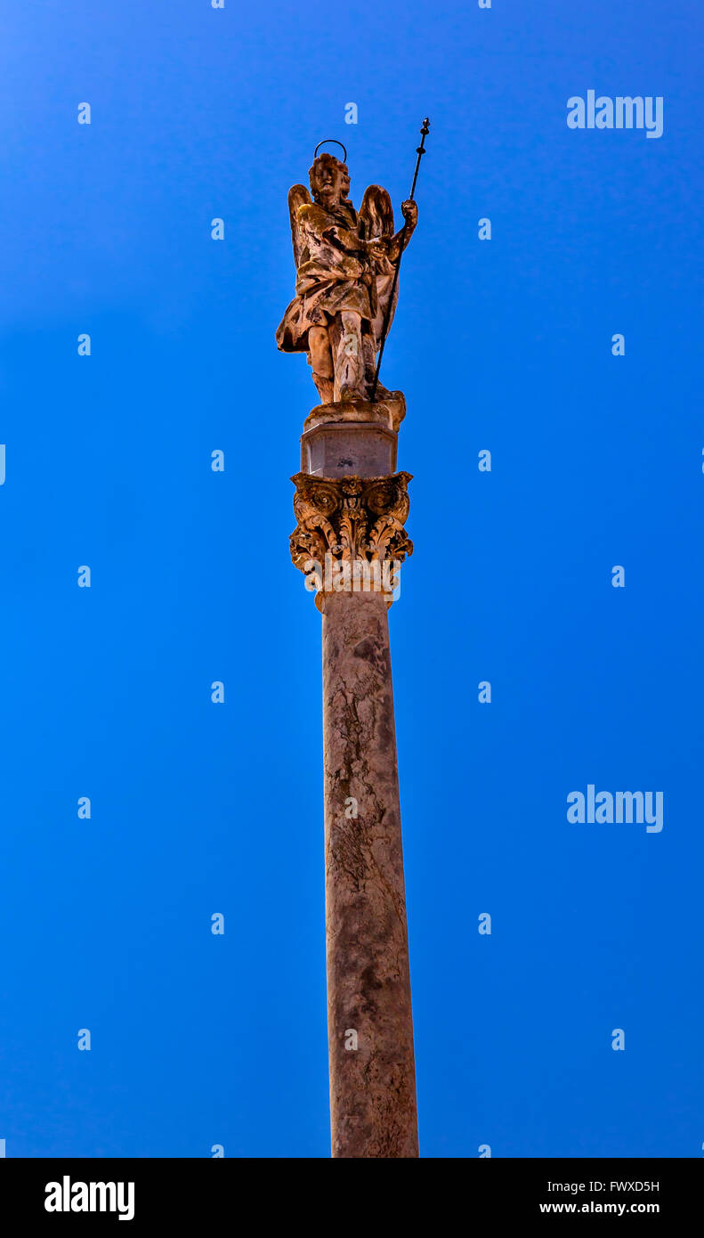 Triumph Archangel San Raphael Rafael Archangel Statue Column Pillar Puerta del Puente Cordoba Spain.  Created 1765. Stock Photo