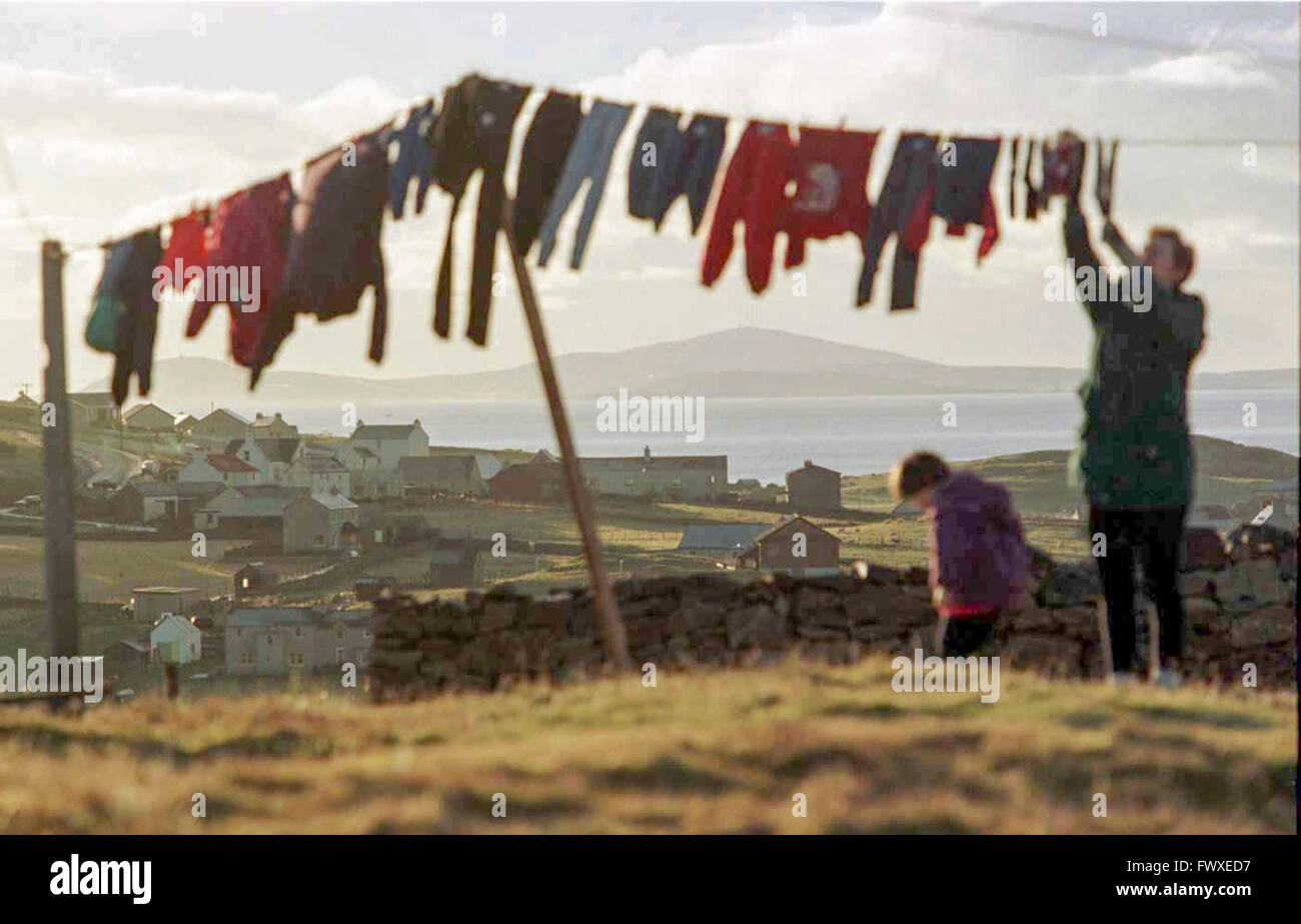 Isle of Whalsay in Shetland. Hanging out washing. Stock Photo