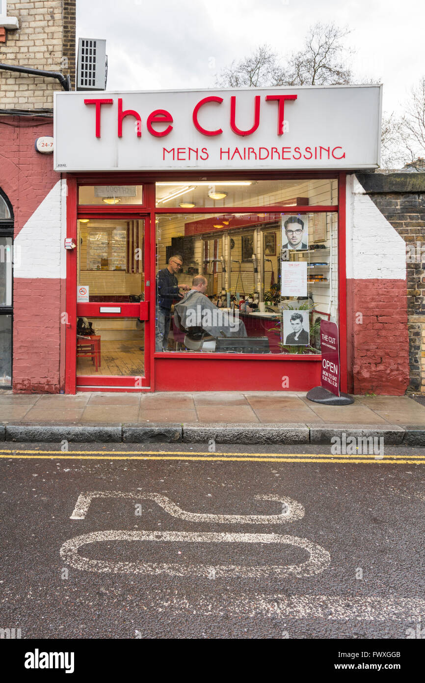 The Cut, Men's Hairdressing Salon in Islington, London, N5 Stock Photo