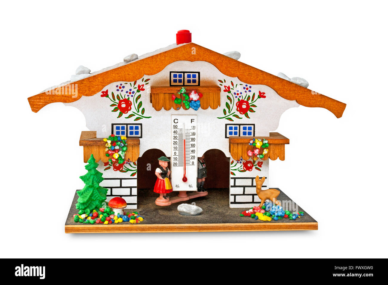 German Chalet Wood Weather House Woman and Man In Black Forest shops Outfit + Baby Cow