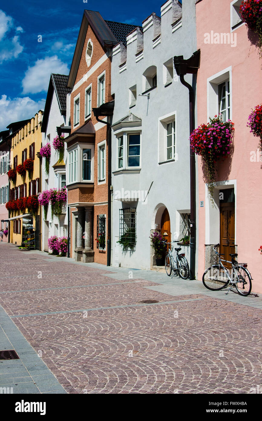 Colorful Facades in Brunico, old town in Trentino-Alto-Adige Italy. Stock Photo