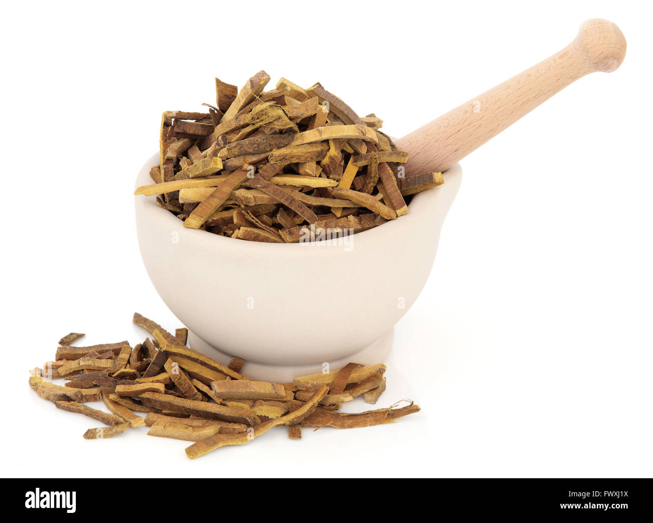 Amur cork tree bark herb in a stone mortar with pestle over white