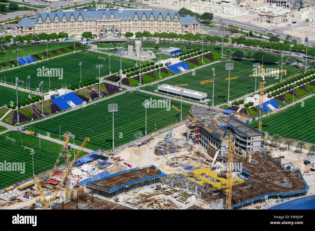 QATAR, Doha, construction site of sport park Aspire Academy for Sports Excellence for FIFA soccer world cup 2022, also training camp of german soccer club FC Bayern , FC Bavaria, green grass lawn turf Stock Photo