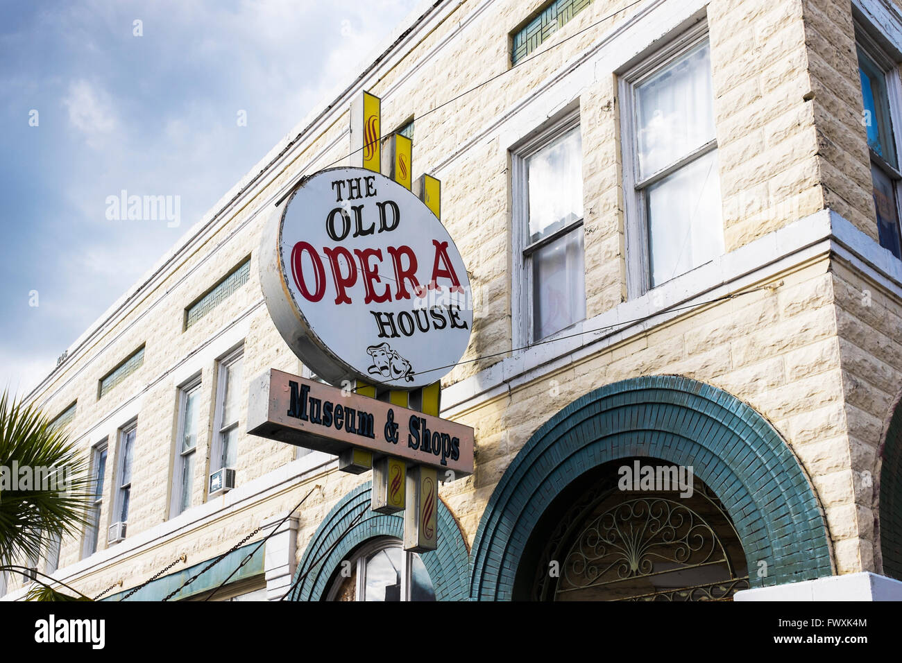 Sign for the Old Opera House, shops and museum in the Old Town of Arcadia, Florida, America, Stock Photo