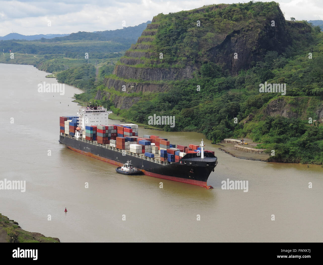 Cargo ship crossing Panama canal Stock Photo