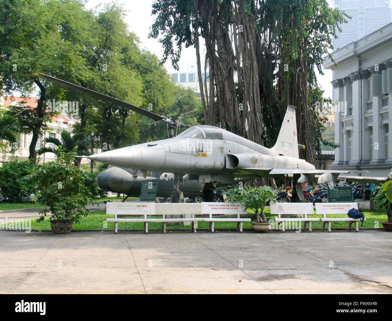 A US fighter jet and helicopter on display in Ho Chi Minh City promoting the musical Miss Saigon. Stock Photo