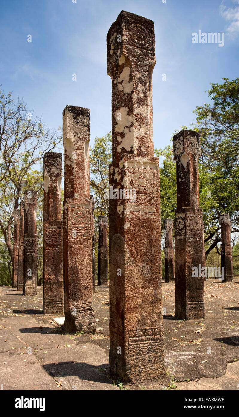 Sri Lanka, Polonnaruwa, carved stone pillars opposite Lankatilaka Gedige Stock Photo