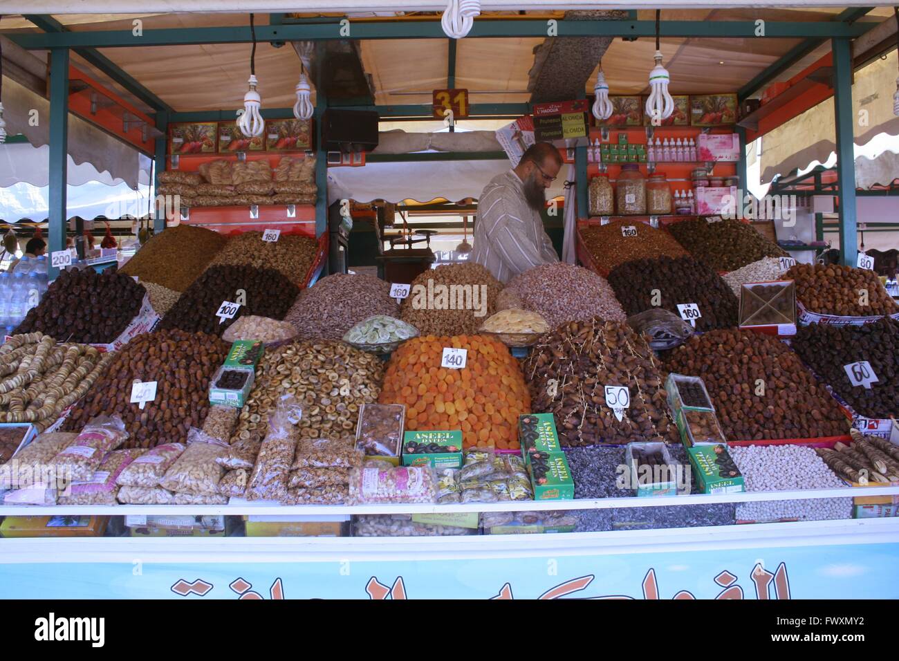 Date vendor's booth in Marrakech market Stock Photo