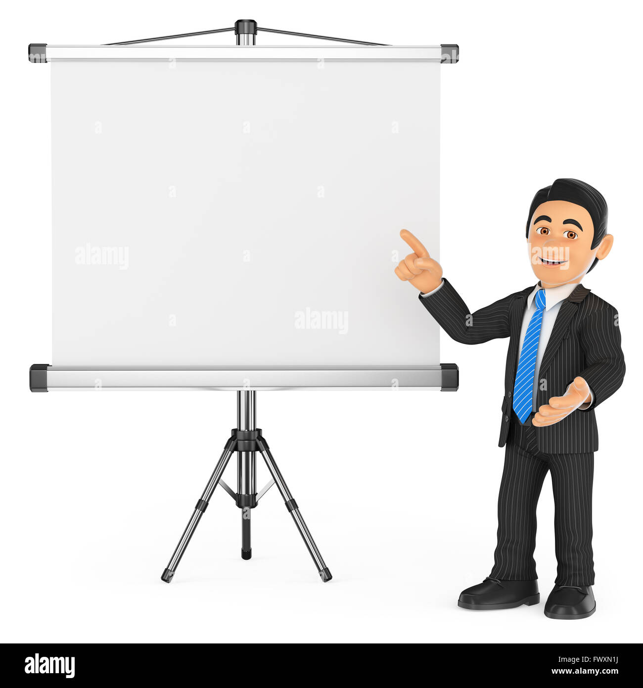 3d business people. Businessman with a blank projector screen. Isolated white background. Stock Photo