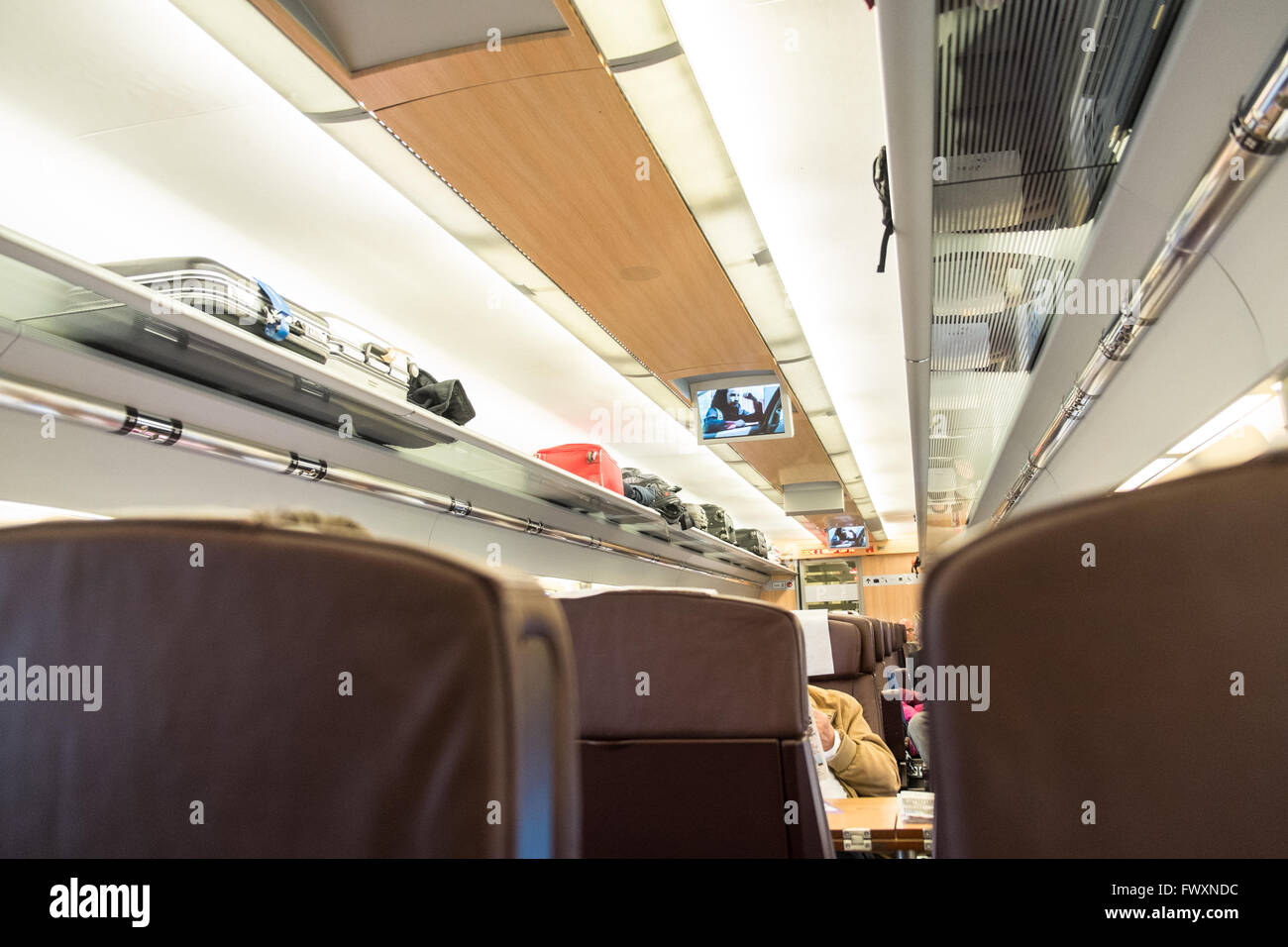 First class carriage of Spanish Railways RENFRE train heading from Toulouse,France to Atocha train station Madrid. Stock Photo