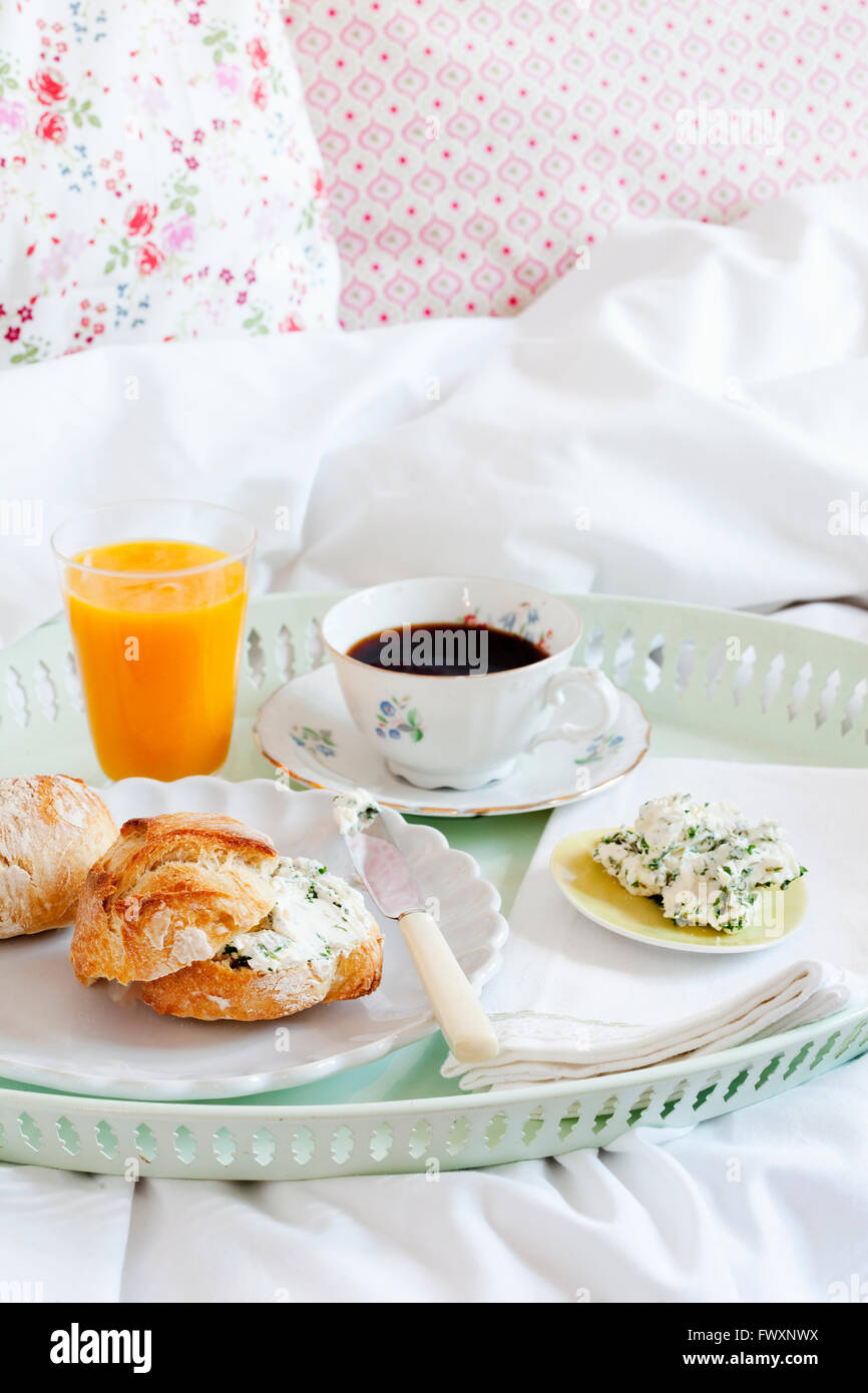 Breakfast on tray in bedroom Stock Photo Alamy
