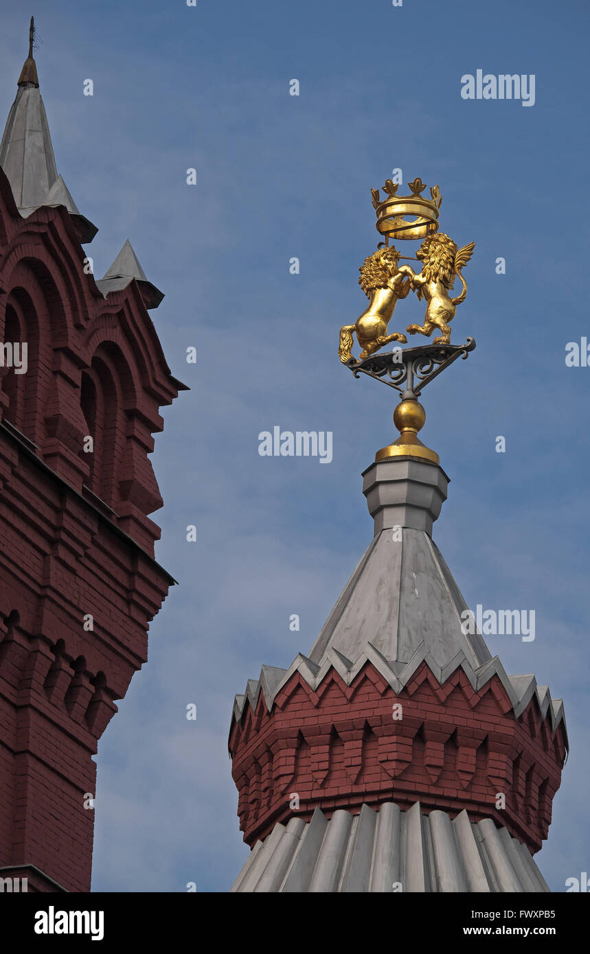 Lion and Unicorn symbols on the Historical Museum, Red Square, Moscow, Russia. Stock Photo