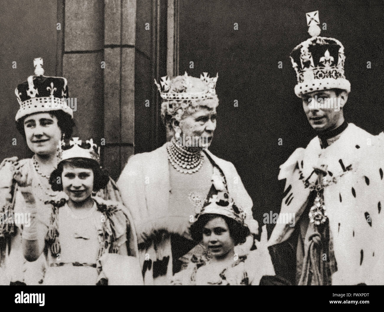 King George VI and his wife Queen Elizabeth seen here on the balcony at Buckingham Palace, London, England the day of their coronation, 12 May, 1937, with their daughters Princess Margaret and Princess Elizabeth, future Queen Elizabeth II and the king's mother Mary of Teck.  George VI, 1895 – 1952, King of the United Kingdom.  Elizabeth Angela Marguerite Bowes-Lyon, 1900 –  2002. Queen consort of the United Kingdom as the wife of King George VI.  Princess Margaret, later Countess of Snowdon, 1930 – 2002.  Princess Elizabeth, later Queen Elizabeth II, 1926 - 2022. Mary of Teck, 1867 – 1953. Stock Photo