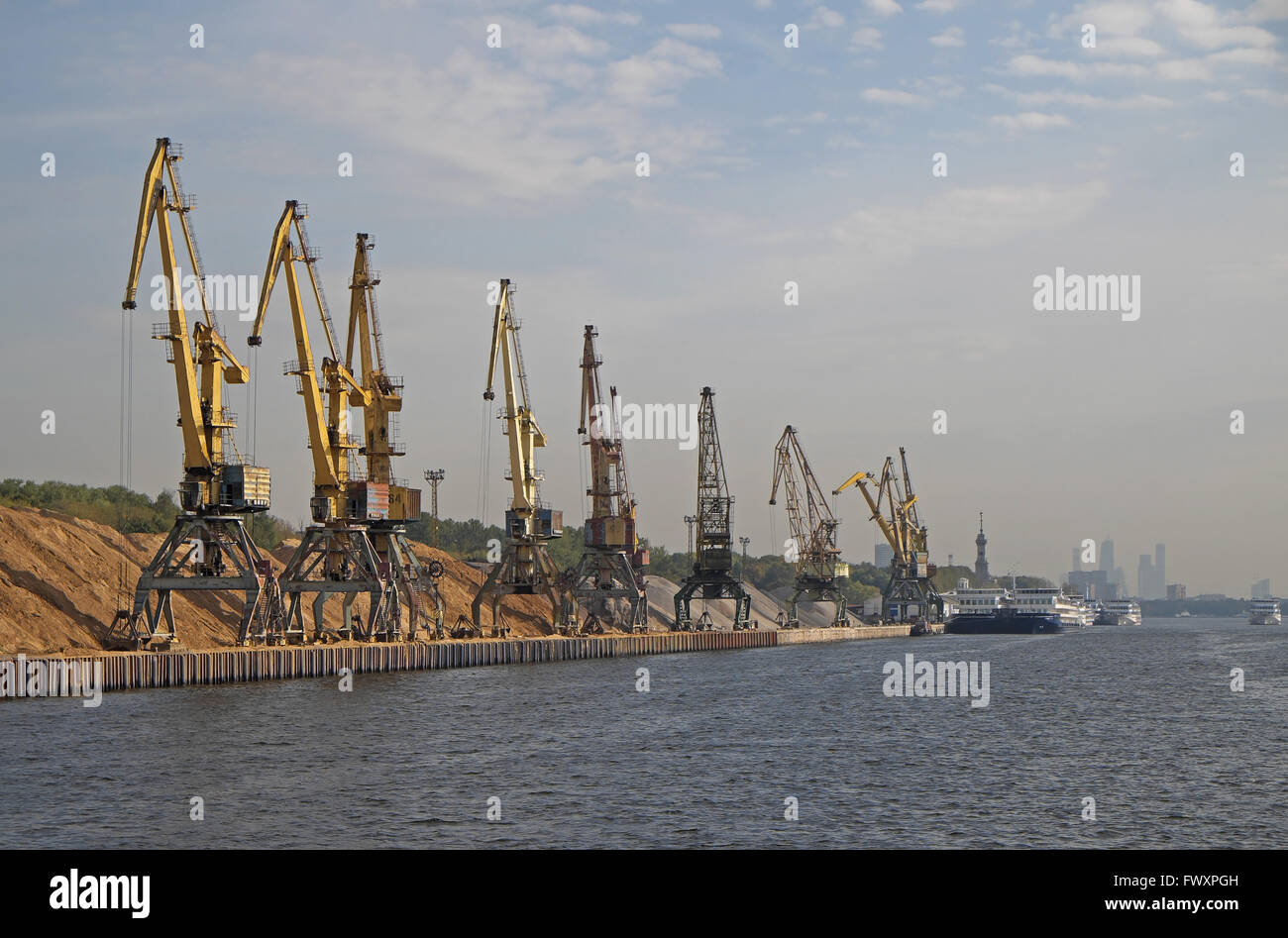 Cranes on river bank of Moskva River, northern outskirts of Moscow, Russia. Stock Photo