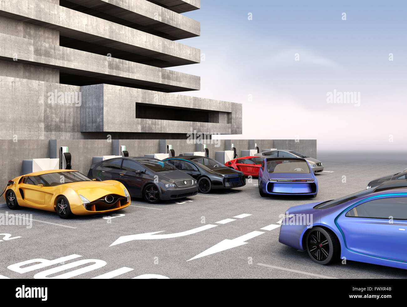 Blue electric car park into parking lot. 3D rendering image. Stock Photo