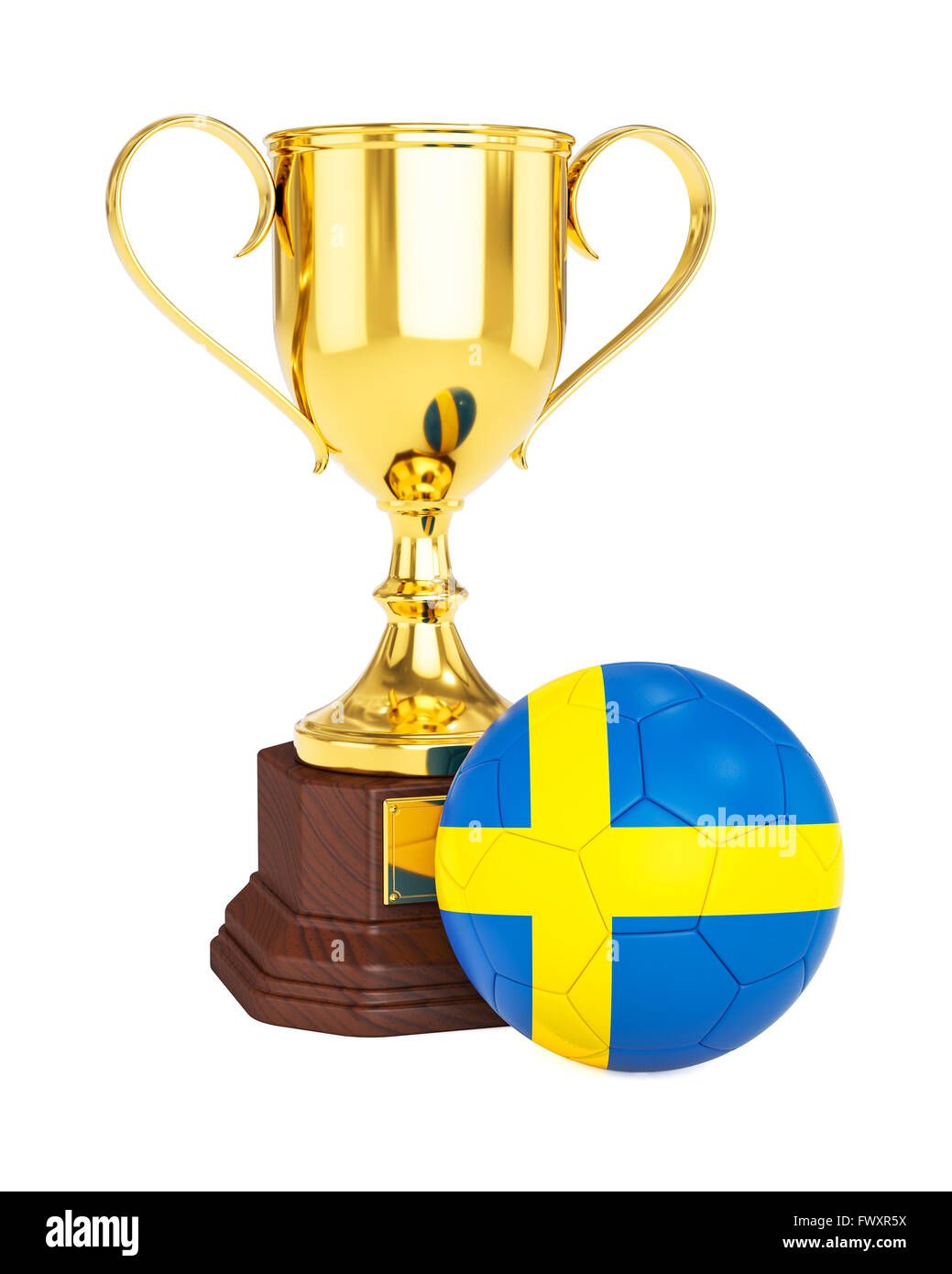 Gold trophy cup and soccer football ball with Sweden flag Stock Photo