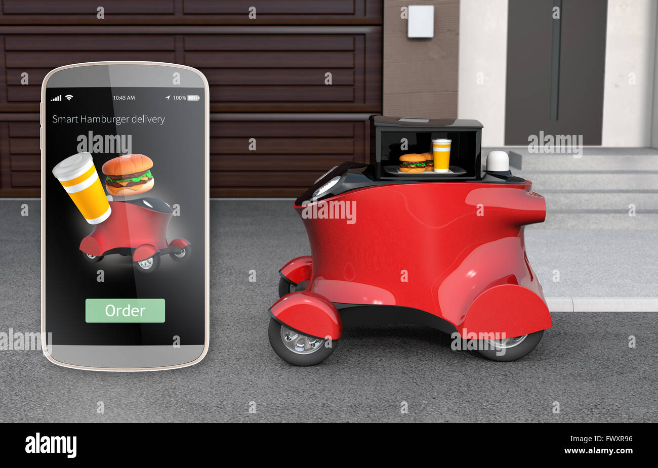 Delivery robot  waiting for picking hamburger. Smart phone order GUI interface on  the left side. Stock Photo