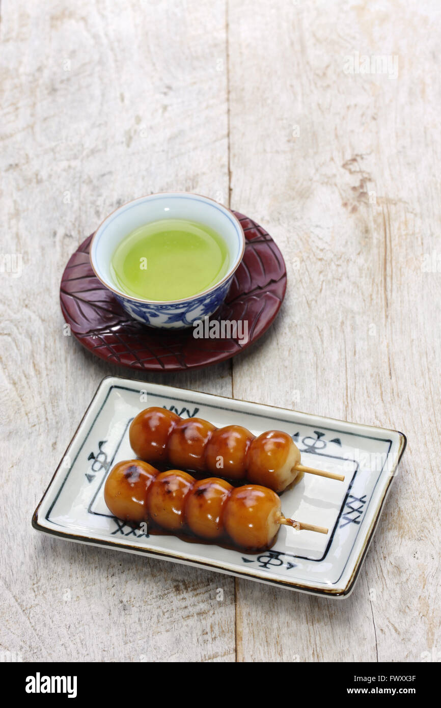 mitarashi dango, japanese rice dumplings with sweet soy sauce Stock Photo