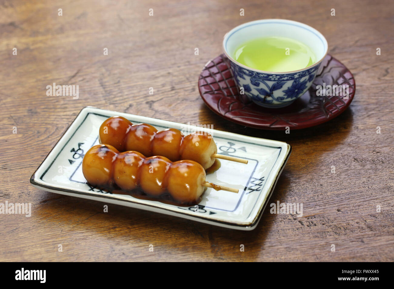 mitarashi dango, japanese rice dumplings with sweet soy sauce Stock Photo