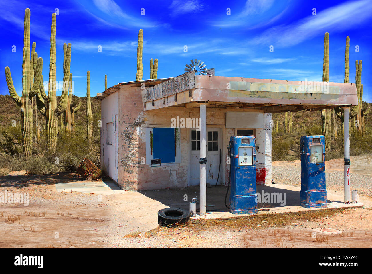 Abandoned Vintage Gas Station in Arizona Desert Stock Photo