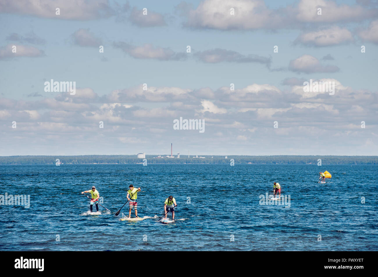 Finland, Varsinais-Suomi, Eura, Lake Pyhajarvi, Young men paddleboarding on lake Stock Photo