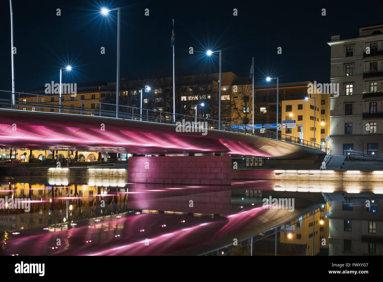 Finland, Varsinais-Suomi, Turku, Illuminated bridge at night Stock Photo
