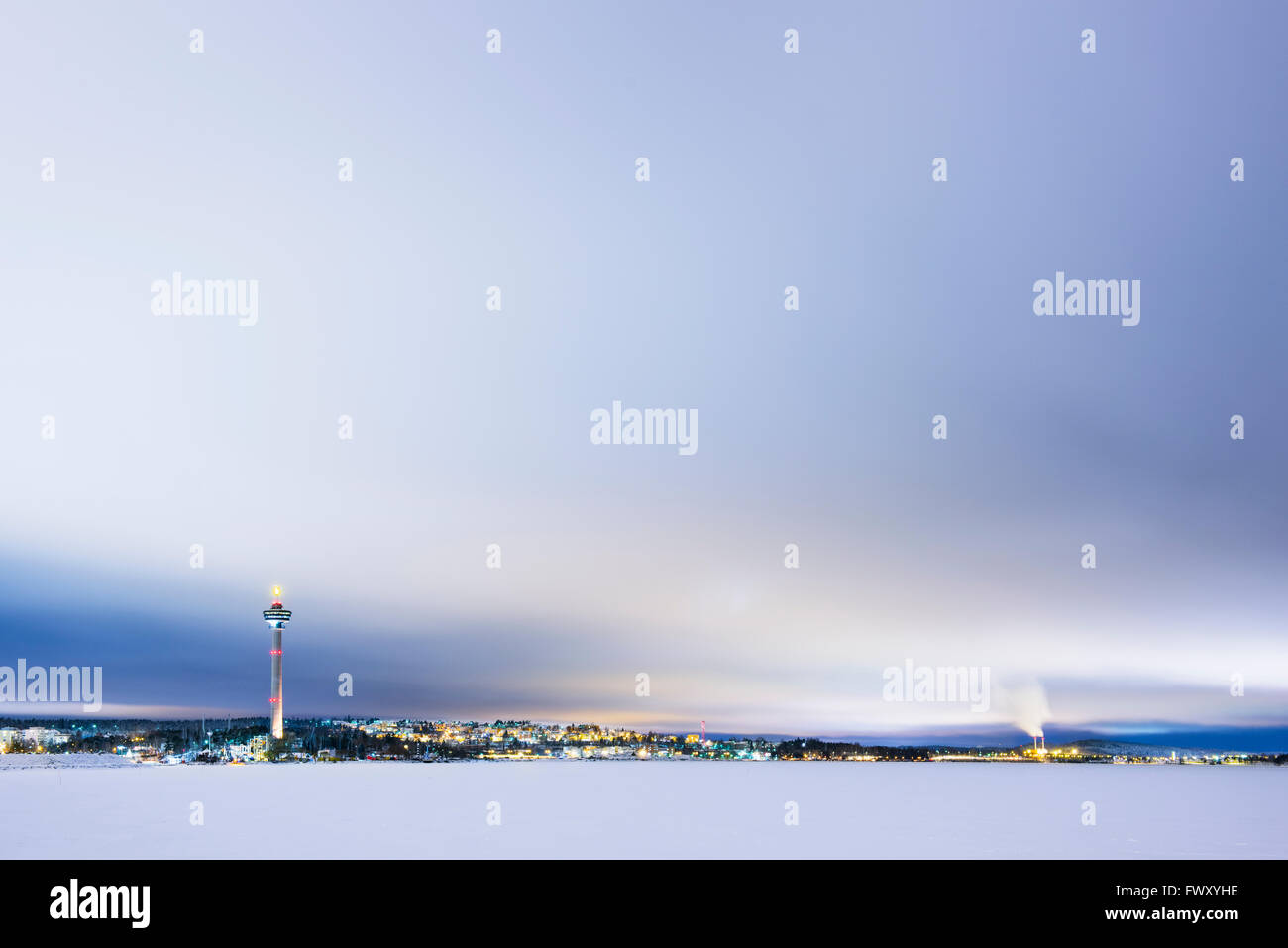 Finland, Pirkanmaa, Tampere, Winter scene with city and communication tower in background Stock Photo