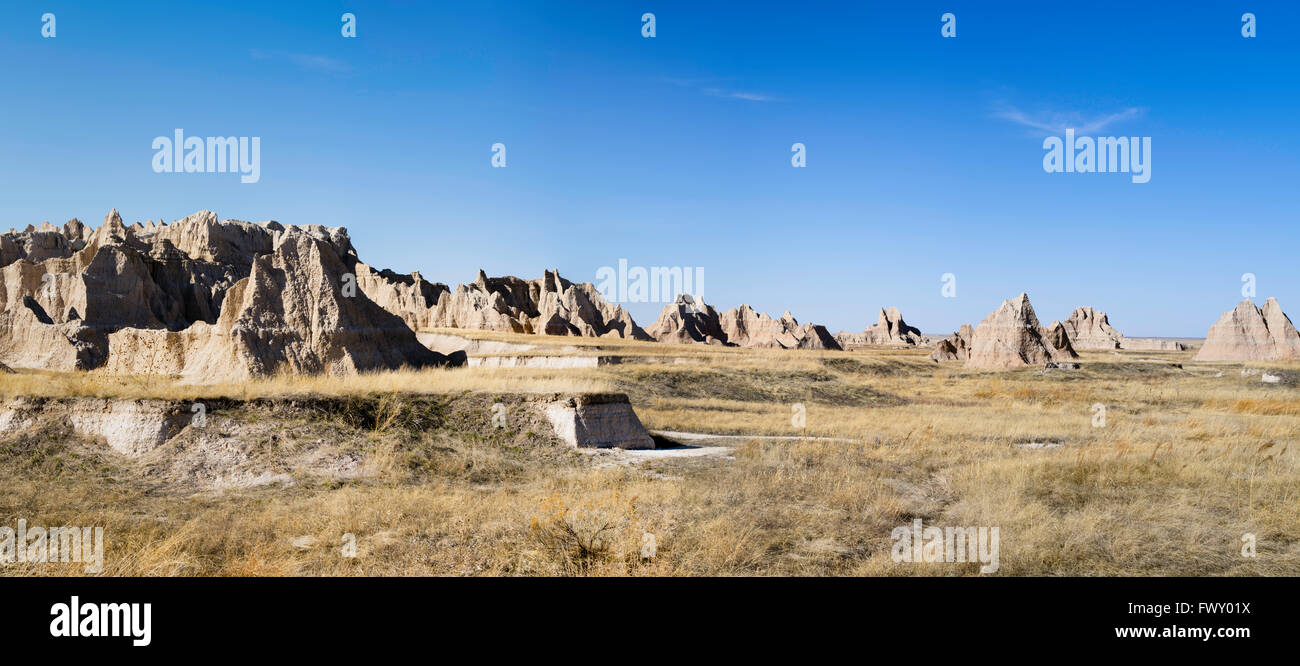 Panoramic view of Badlands National Park on an early spring day; South ...