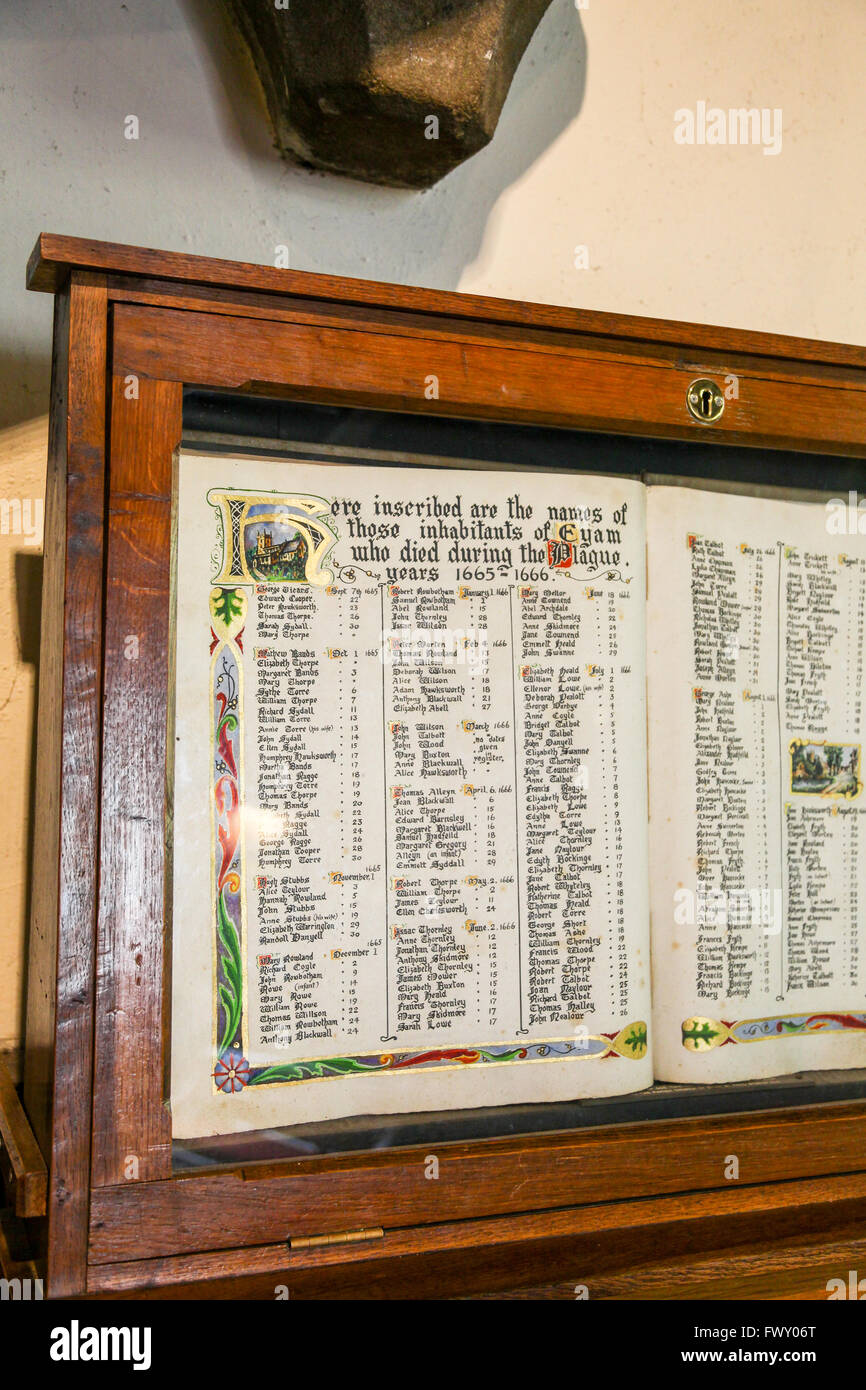 Register of deaths due to the plague in St Lawrence’s parish Church Eyam Derbyshire England UK Stock Photo
