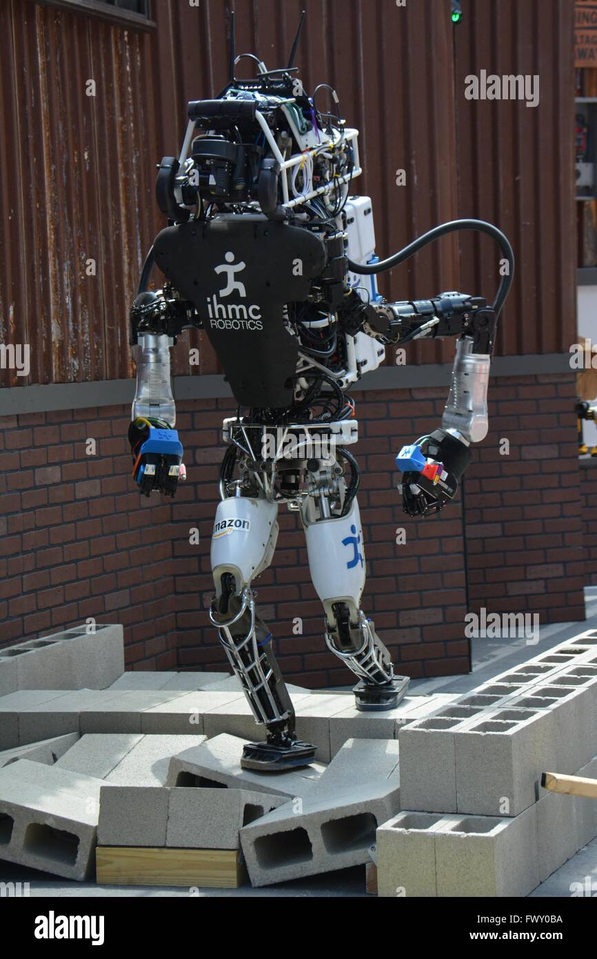 Team IHMC Crossing robot during the DARPA Rescue Robot Showdown at  Fairplex Fairground June 5, 2015 in Pomona, California. The DARPA event is to challenge teams to design robots that will conduct humanitarian, disaster relief and related operations. Stock Photo