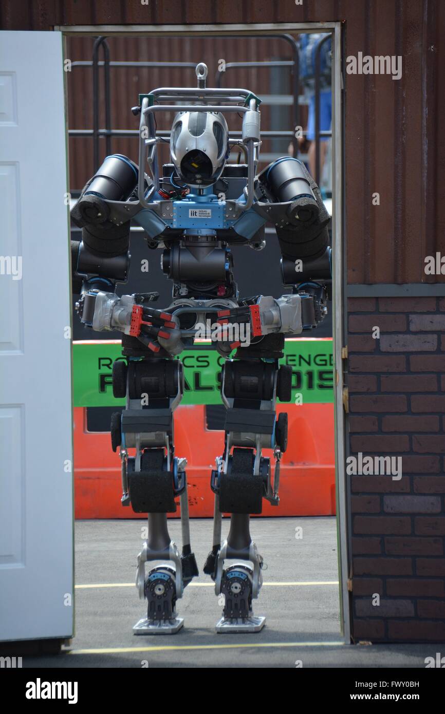 Team Walk Man robot during the DARPA Rescue Robot Showdown at  Fairplex Fairground June 5, 2015 in Pomona, California. The DARPA event is to challenge teams to design robots that will conduct humanitarian, disaster relief and related operations. Stock Photo