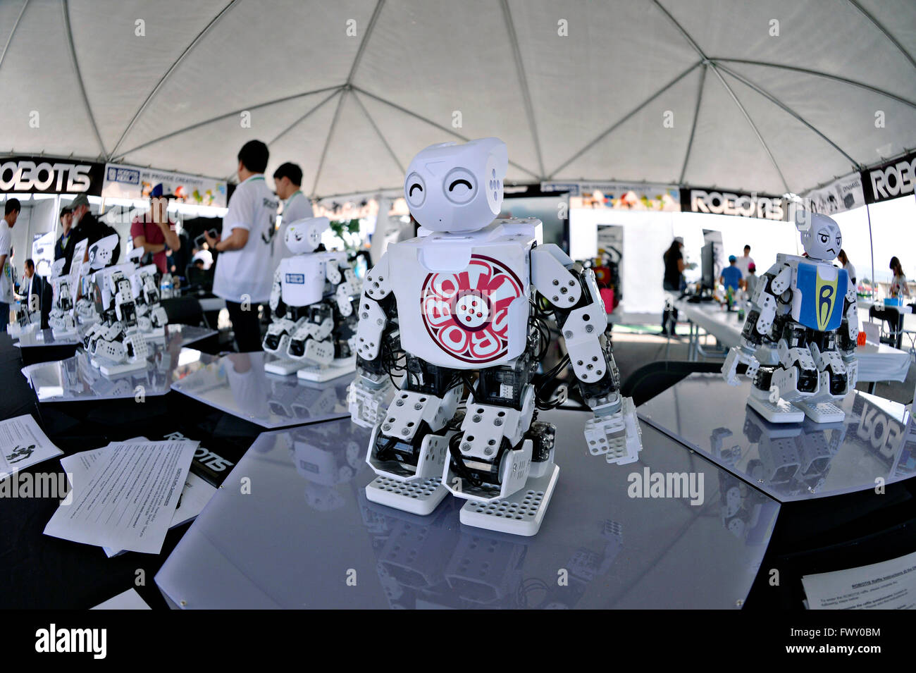 Toy robots on display at the Expo event during the DARPA Rescue Robot Showdown at  Fairplex Fairground June 5, 2015 in Pomona, California. The DARPA event is to challenge teams to design robots that will conduct humanitarian, disaster relief and related operations. Stock Photo