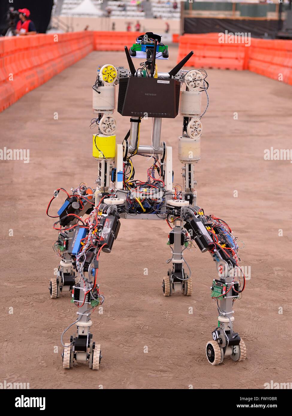 Team Grit Cog Burn robot during the DARPA Rescue Robot Showdown at  Fairplex Fairground June 5, 2015 in Pomona, California. The DARPA event is to challenge teams to design robots that will conduct humanitarian, disaster relief and related operations. Stock Photo