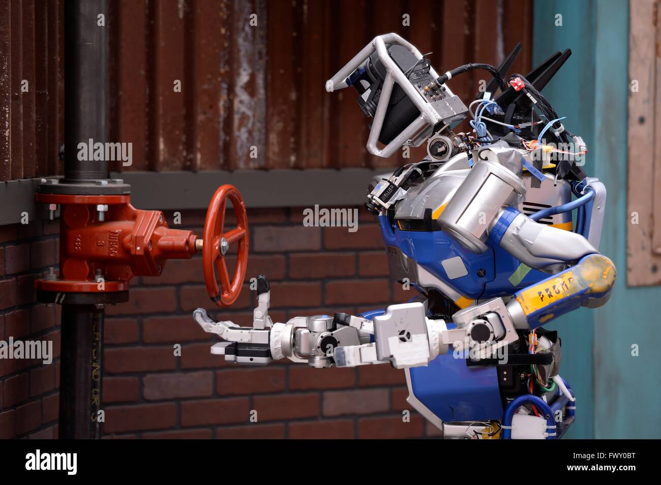 Team HRP2 Tokyo robot during the DARPA Rescue Robot Showdown at  Fairplex Fairground June 6, 2015 in Pomona, California. The DARPA event is to challenge teams to design robots that will conduct humanitarian, disaster relief and related operations. Stock Photo