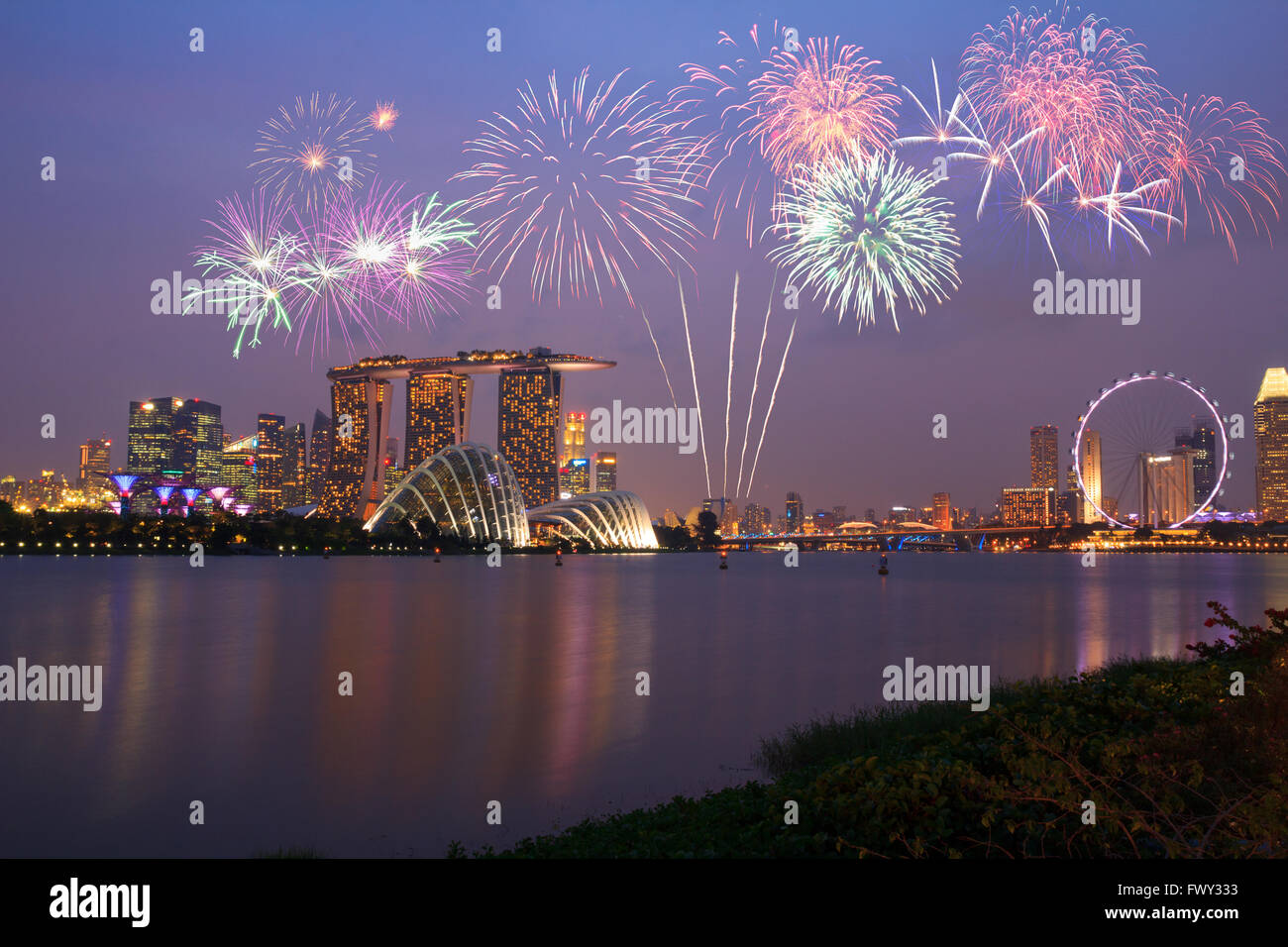 Fireworks over Marina bay in Singapore on national day fireworks ...