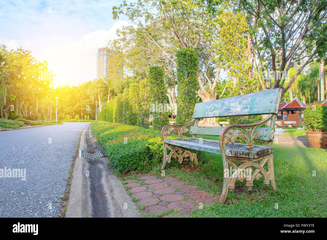 Bench in beautiful city park in spring time Stock Photo - Alamy