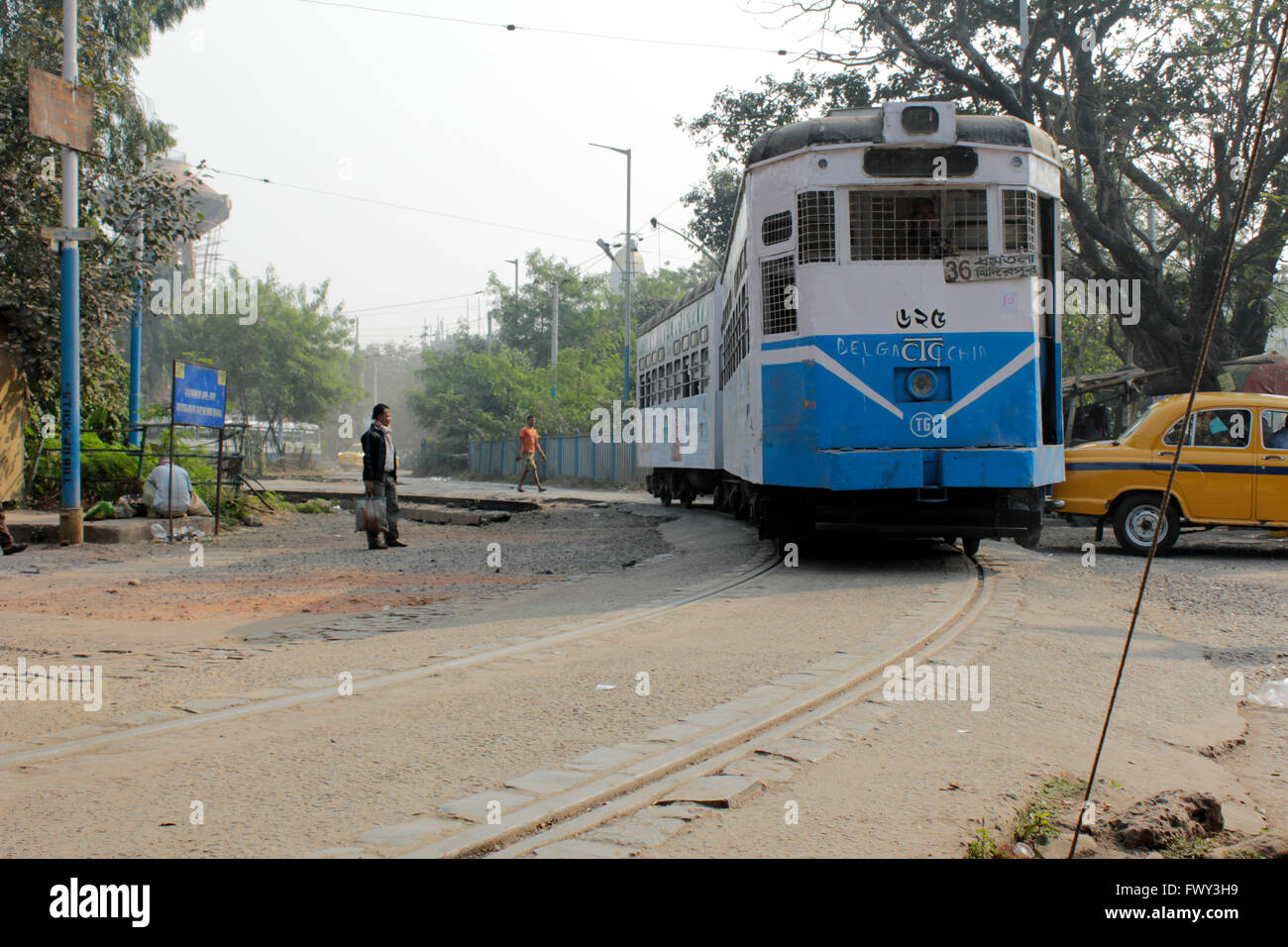 articulated tram in Kolkata, India. Run by Calcutta Tram company, it is the only tram network in India Stock Photo