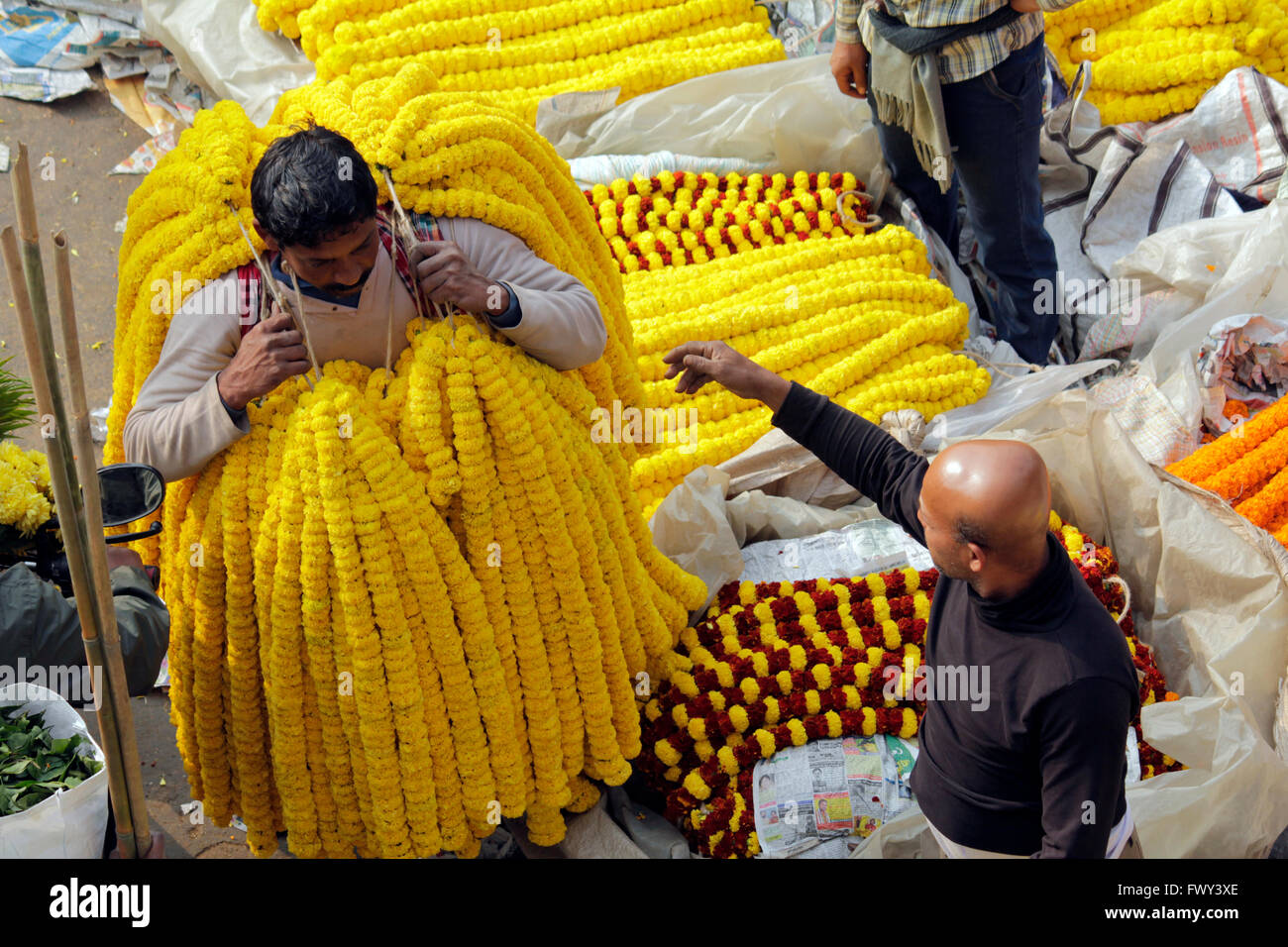 Flower market near Howrah bridge, Kolkata, India. Stock Photo