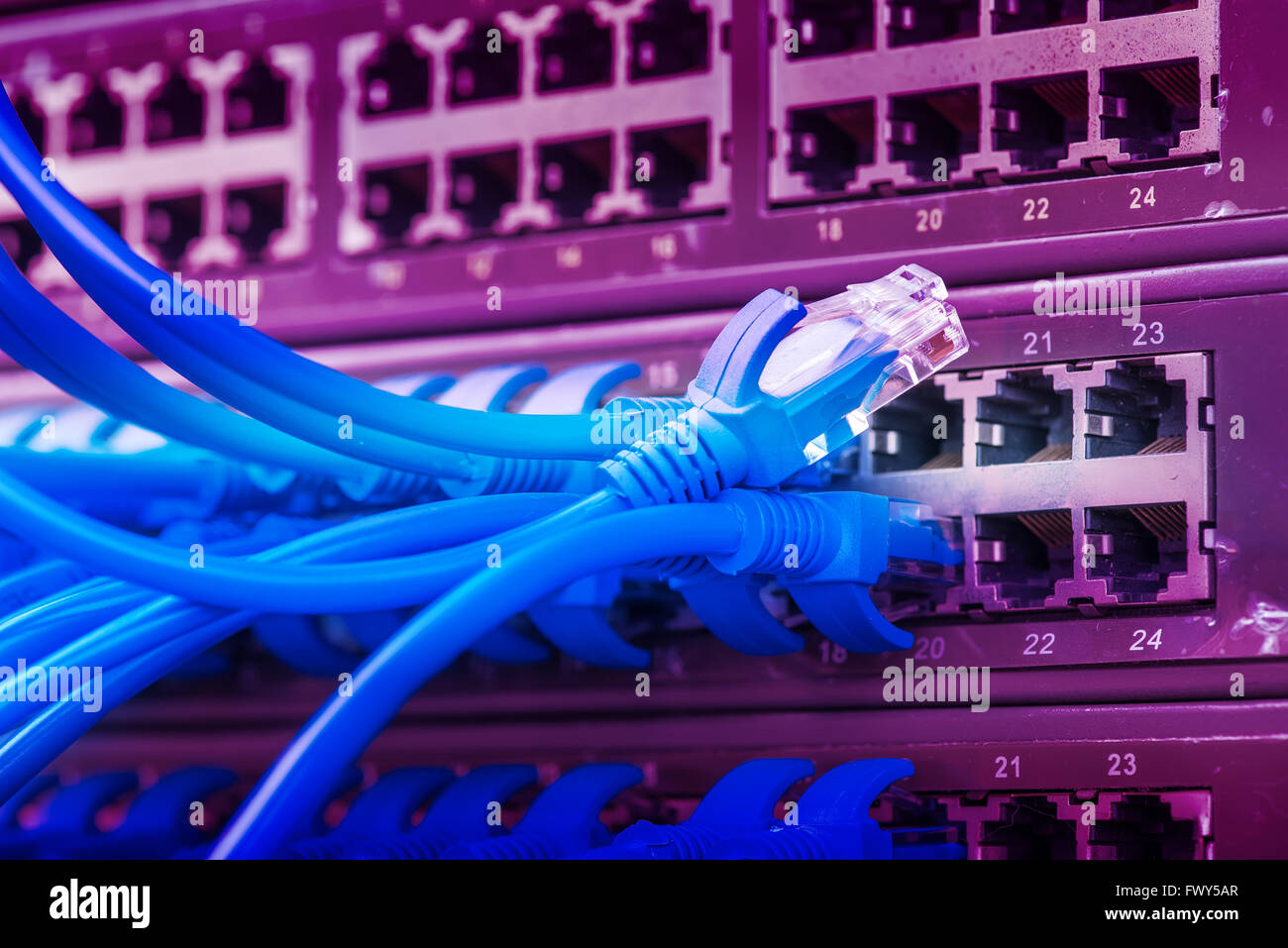 Information Technology Computer Network, Telecommunication Ethernet Cables Connected to Internet Switch. Stock Photo