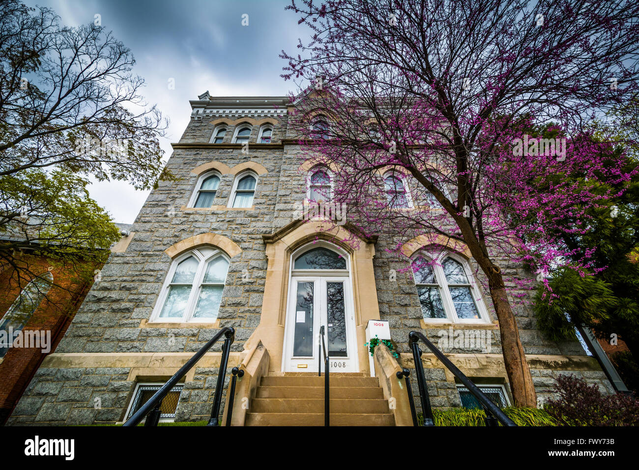 Old stone building and trees in Hampden, Baltimore, Maryland. Stock Photo