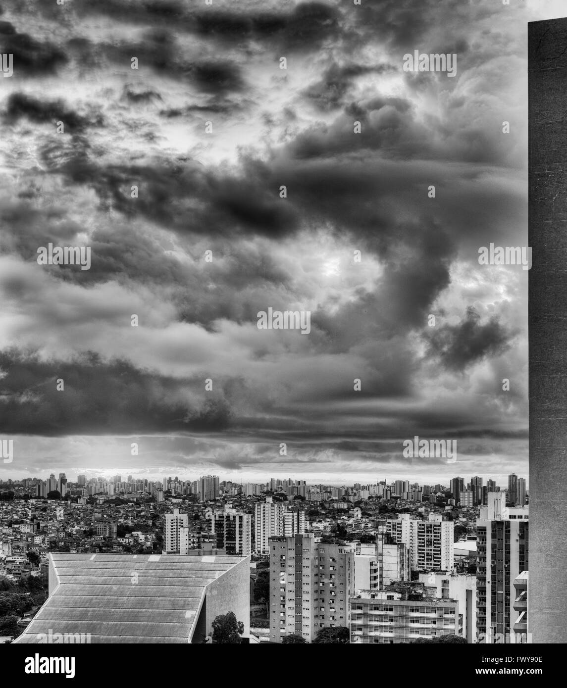 Black and white panoramic cityscape of Salvador in a cloudy day and dramatic sky, Bahia, Brazil Stock Photo