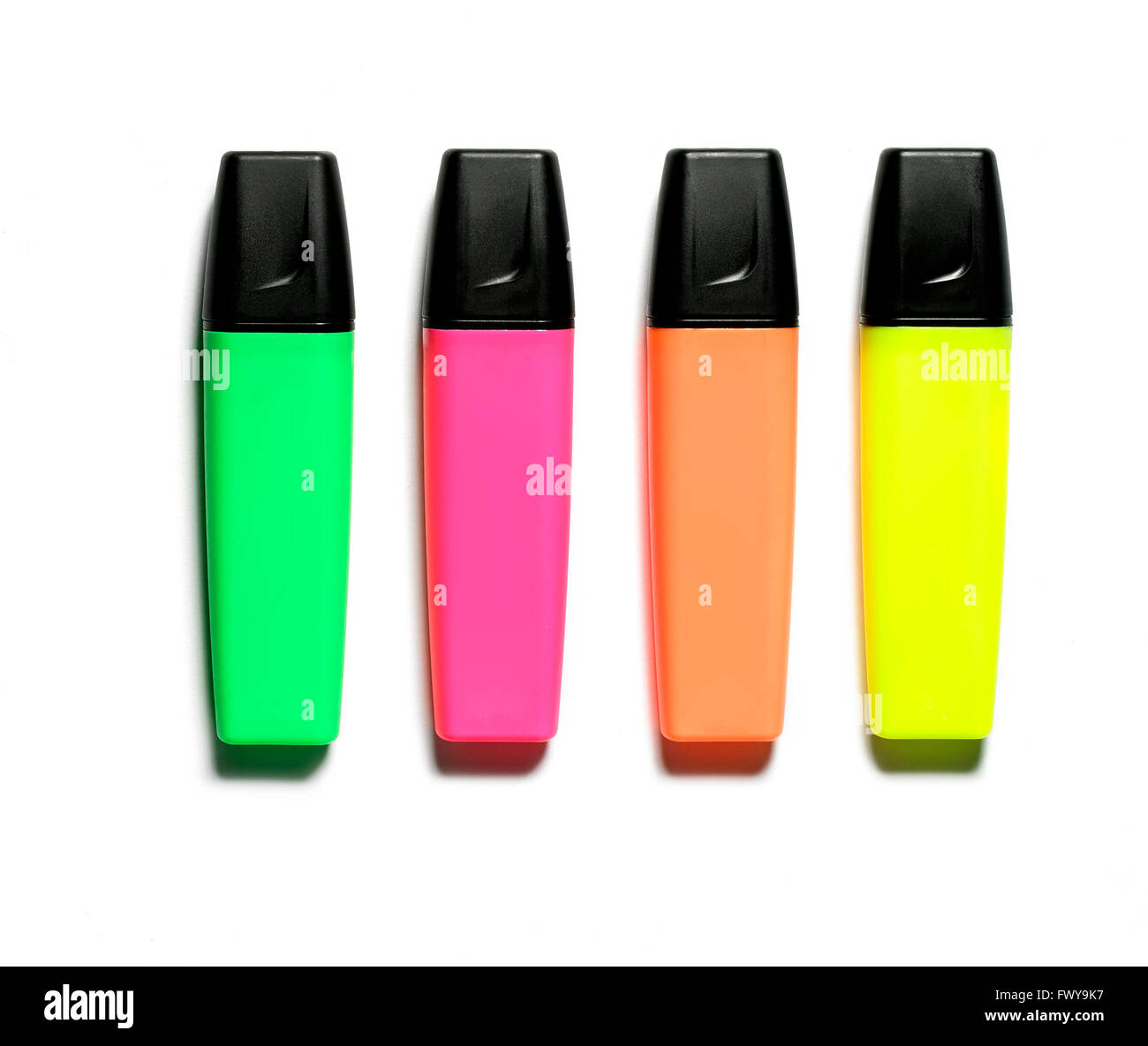 4 Florescent highlighter pens Stock Photo