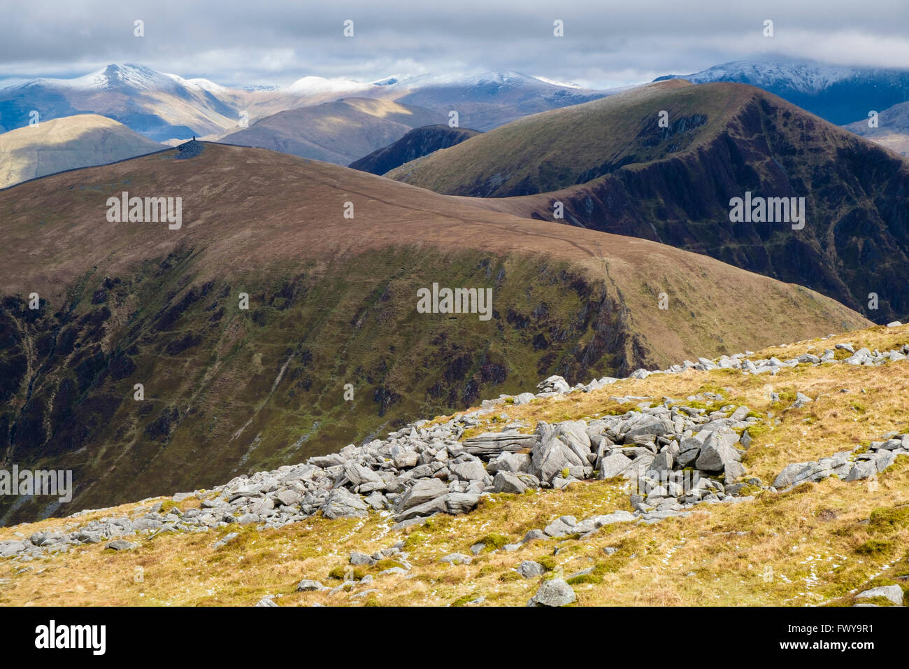 Snowdonia landscape view from Craig Cwm Silyn to Mynydd Tal-y-mgnedd with obelisk on Nantlle Ridge in Snowdonia National Park mountains Eryri Wales UK Stock Photo