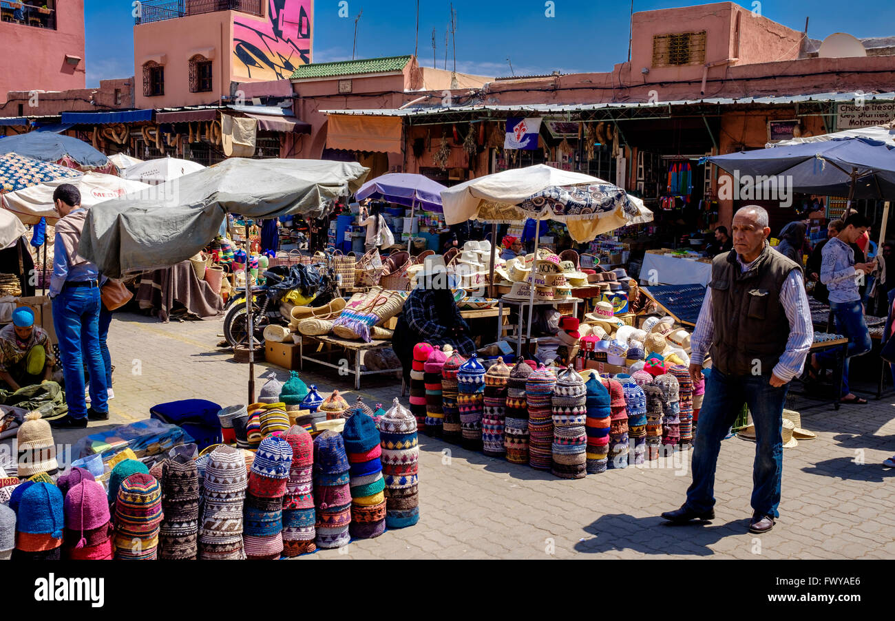 A selection of traditional hats for sale at a stall in the medina, Marrakech, Morocco, North Africa Stock Photo